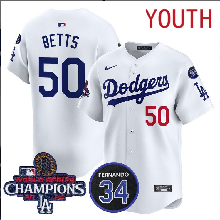 Youth  MLB Los Angeles Dodgers  #50 Betts white 2024 World Series Champions Patch Limited Jersey->customized mlb jersey->Custom Jersey